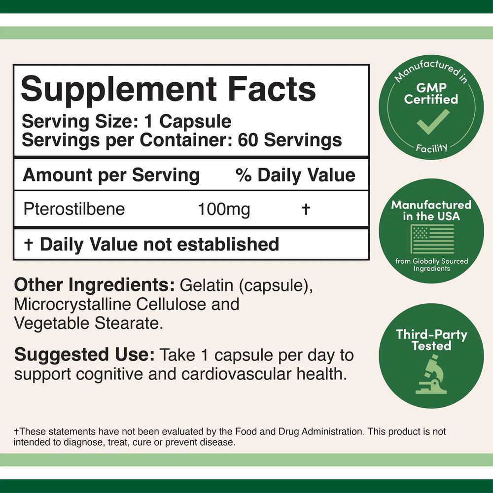 Double Wood Supplements - Pterostilbene - 60 x 100 mg capsules