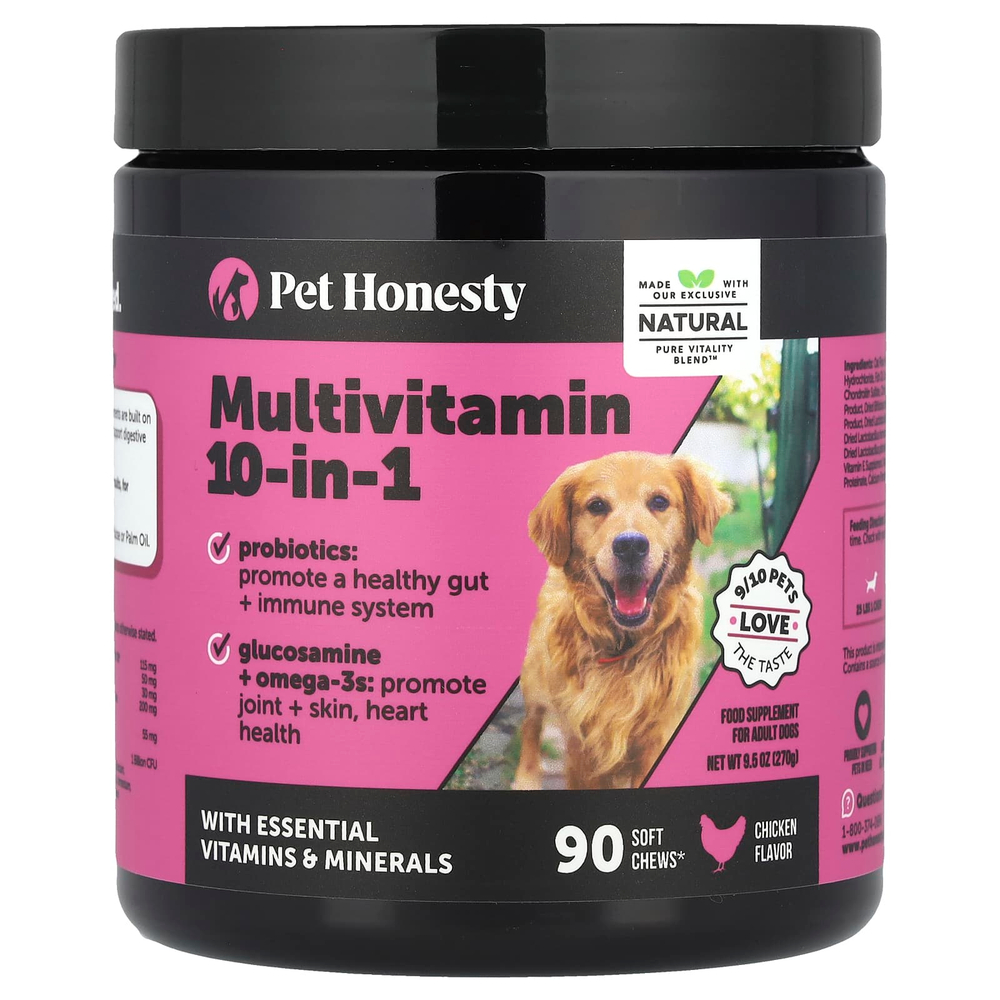 Pet Honesty, Мультивитамины 10 в 1, для взрослых собак, курица, 90 жевательных таблеток, 270 г (9,5 унции)