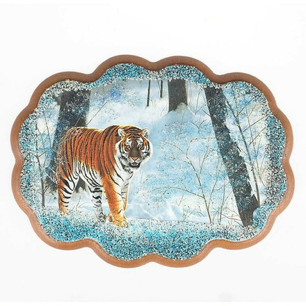 Репродукция "Амурский тигр" с подсыпкой уральскими минералами в пластиковом багете 19-26см