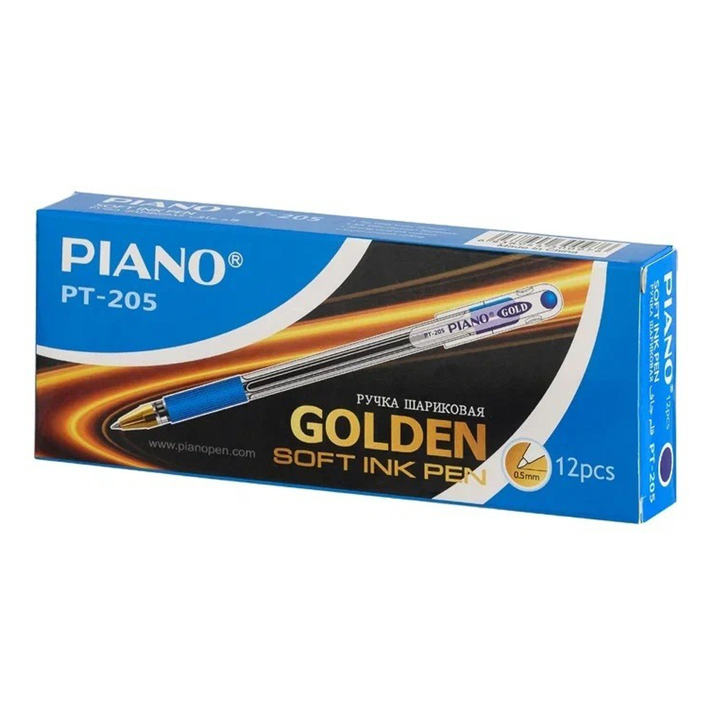 Ручка шариковая, масляная, Piano, синие чернила, серия "Gold", прозрачный корпус, 12 шт