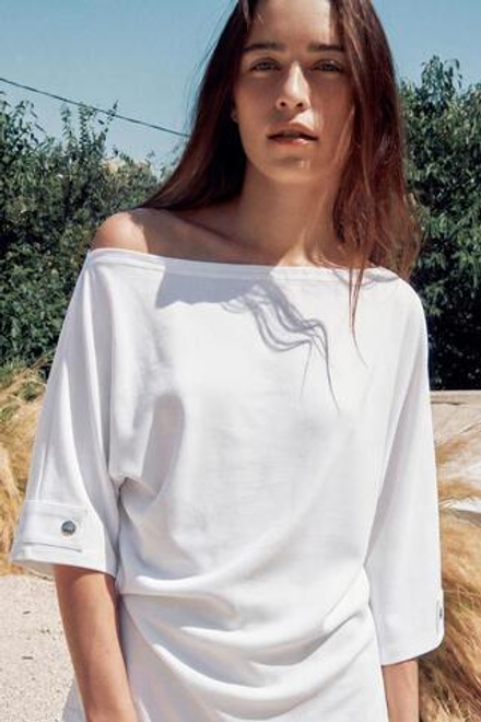 ZARA ФУТБОЛКА С ВЫРЕЗОМ «ЛОДОЧКА» И ПУГОВИЦАМИ, БЕЛЫЙ