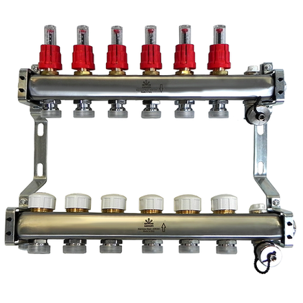 Коллекторный блок для тепл.пола 1"x3/4"EU отв.-6, в комплекте: расходомеры, термостат. клапаны, сливн. краны, ручн.возд., кронштейны, заглушки