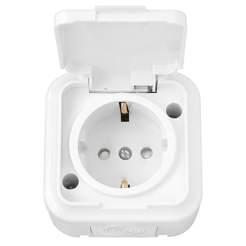 Розетка с крышкой IP54 с заземлением со шторками о/у, ПРАЛЕСКА АКВА белый (50 шт.)