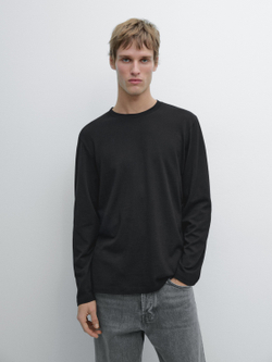 Massimo Dutti Хлопковая футболка с длинными рукавами, черный