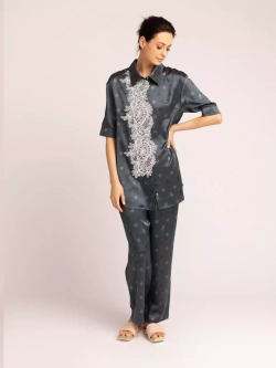 Штаны женские шелковые Mollen Горох темно-бирюзовые