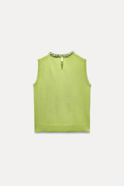 ZARA ОДНОТОННЫЙ ТРИКОТАЖНЫЙ ТОП СО СТРАЗАМИ, НЕОНОВО-ЛАЙМОВЫЙ