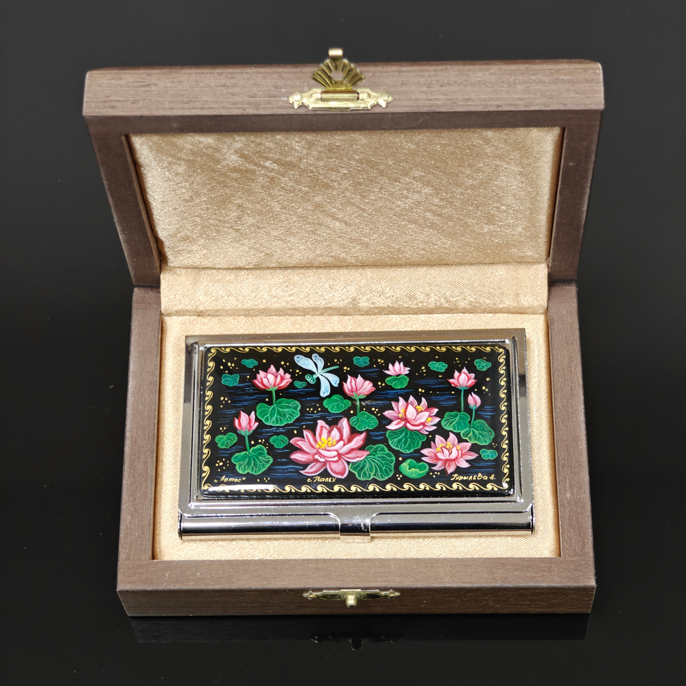 Коллекционная визитница "Лотосы" с ручной росписью Палех в футляре