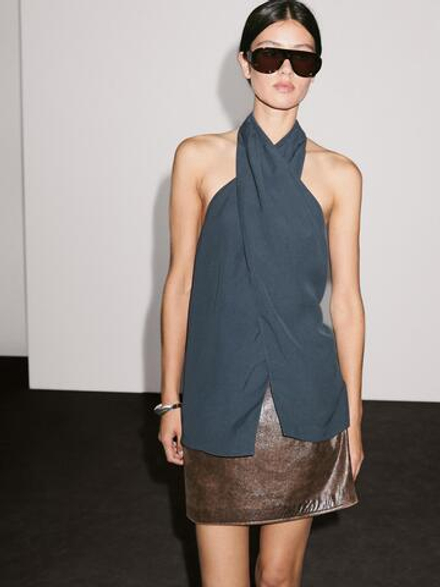 Massimo Dutti Мини-юбка из кожи наппа, коричневый
