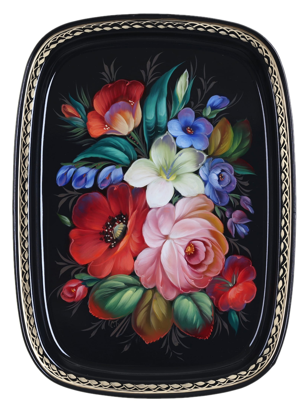 Жостовский поднос декоративный, размер 33х24 см (A12), металлический