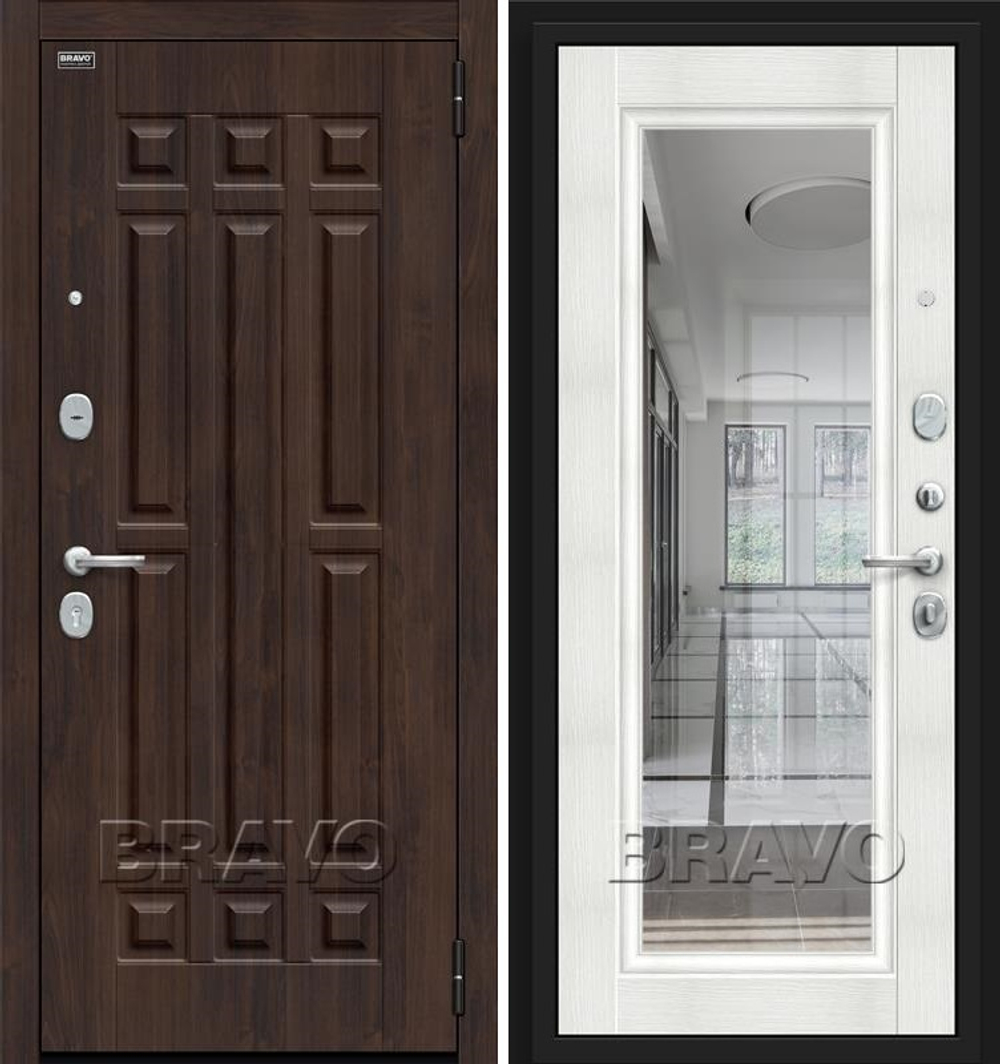 Входная дверь в квартиру с зеркалом Браво (Bravo) Форм Kale Almon 28/Bianco Veralinga