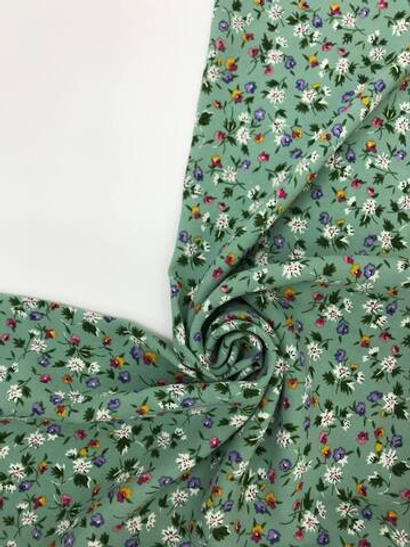 Креп принт, цветок мелкий цветной на ментоловом Kelly