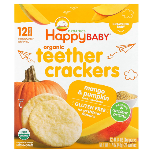 Happy Family Organics, Happy Baby, органические крекеры для зубов, манго и тыква с амарантом, 12 пакетиков по 4 г (0,14 унции)