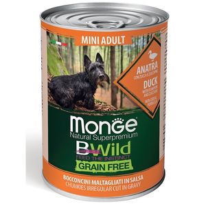 Влажный корм Monge Dog BWild GRAIN FREE Mini для взрослых собак мелких пород, беззерновой, из утки с тыквой и кабачками, консервы 400 г