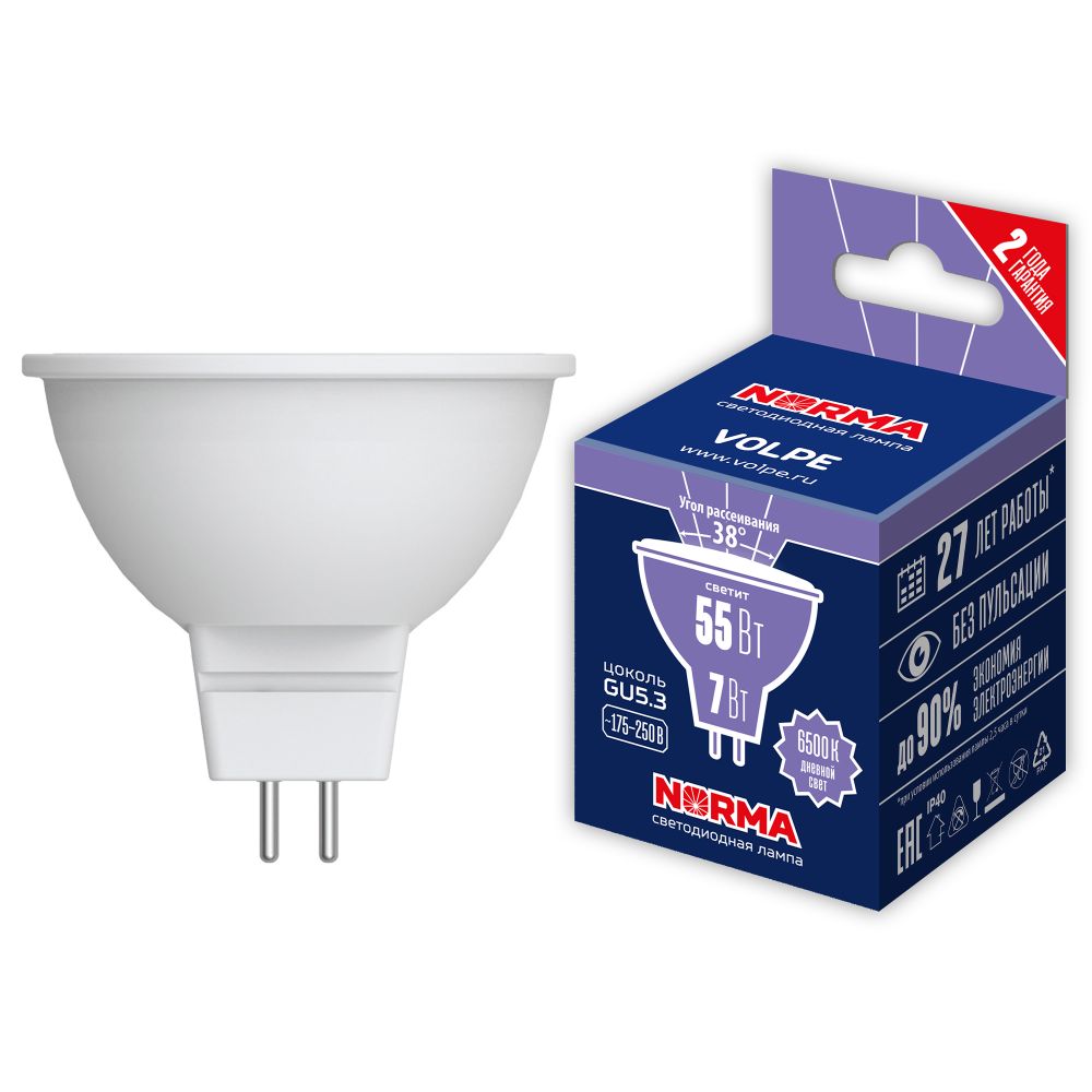 LED-JCDR-7W-6500K-GU5.3-38D-NR Лампа светодиодная. Форма JCDR. матовая. Серия Norma. Дневной свет 6500K. Угол свечения 38. Картон. ТМ Volpe