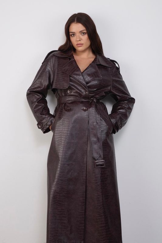 Тренч из экокожи под рептилию, коричневый