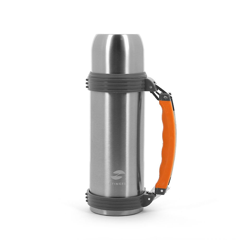 Термос Stinger, 0,75 л, широкий с ручкой, сталь, серебристый, оранжевые вставки