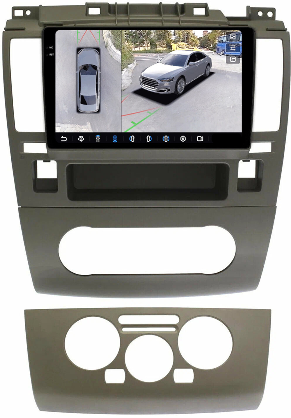 Магнитола для Nissan Tiida C11 2004-2013 (кондиционер/климат с прямоугольным экранчиком, рамка серая) - FarCar BX9-360-1148CN монитор 9.5" 2K QLED на Android 13, 6Гб+128Гб, CarPlay, 4G SIM-слот, 4 камеры в комплекте