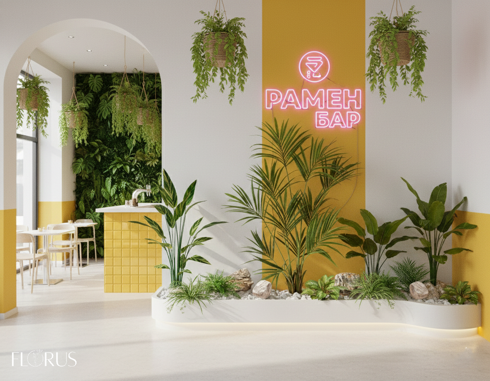 Напольная композиция в стиле тропики с пальмой, длина 2–2,5 м