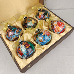 Сувенирный набор из 6-ти коллекционных ёлочных шаров " Сказки" с ручной росписью Палех