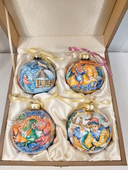 Сувенирный набор из 4-х новогодних шаров с ручной росписью Палех
