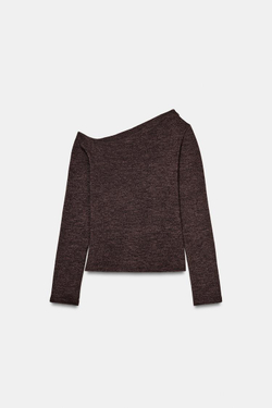 ZARA ТОП АСИММЕТРИЧНОГО КРОЯ ИЗ ТКАНИ ПИКЕ, ТЕМНО-КОРИЧНЕВЫЙ