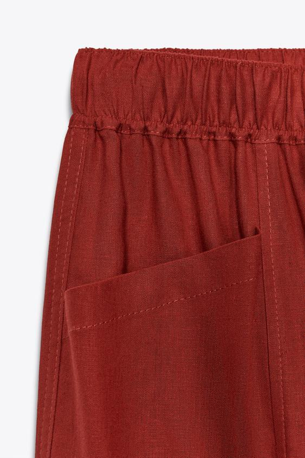 ZARA БРЮКИ ИЗ ЛЬНА СО ШНУРКОМ И БУСИНАМИ, ЧЕРЕПИЧНЫЙ