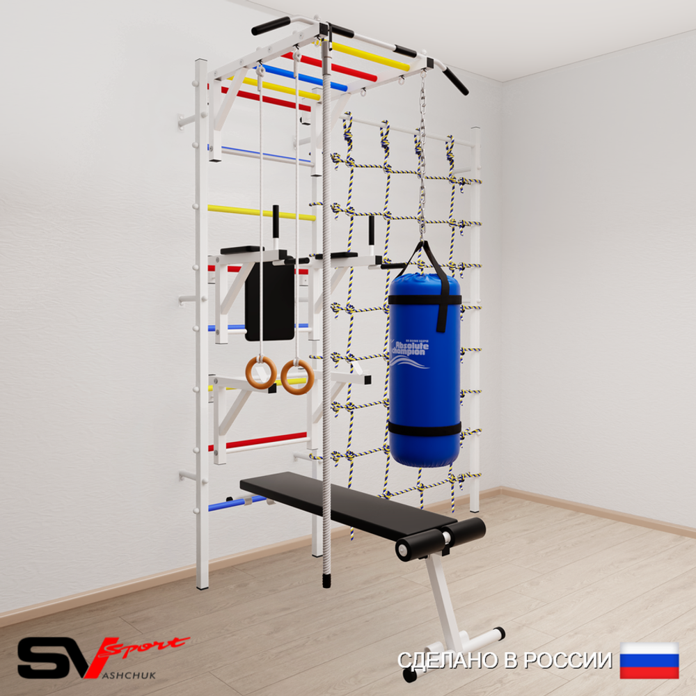 Шведская стенка Sv Sport 56410 (Турник рукоход/Брусья/Стойка/Скамья/Канат/Кольца/Цепь/Мешок 15кг/Канатный лаз)