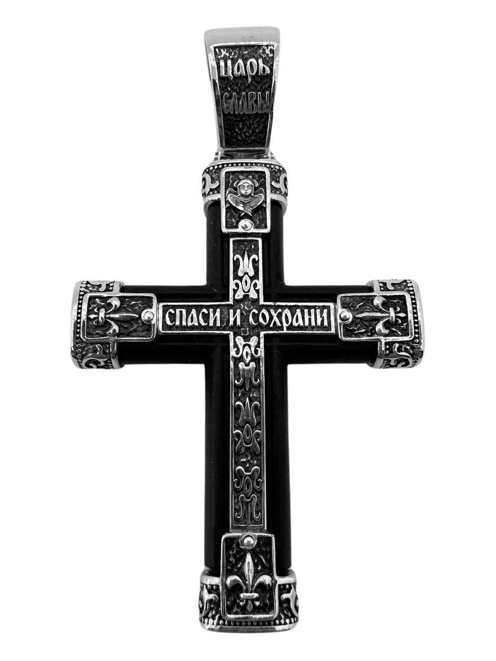Крест деревянный с элементами серебра "Спаси и Сохрани"