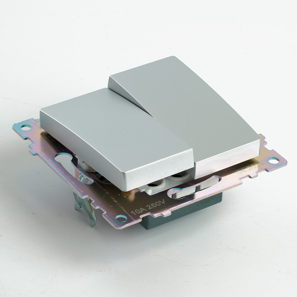 Переключатель 2-клавишный (механизм), STEKKER GLS10-7107-03, 250V, 10А, серия Катрин, серебро 49168