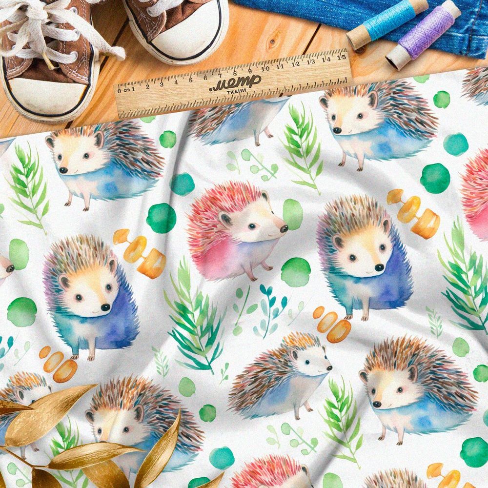 Ткань премиум сатин разноцветные ёжики