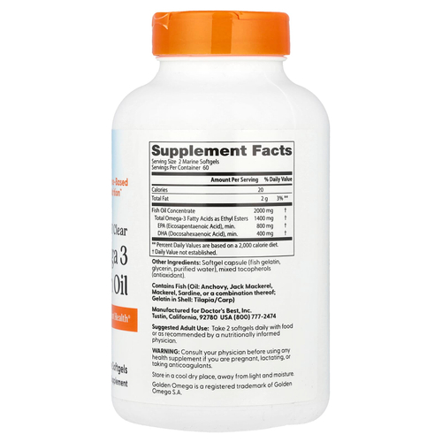 Doctor's Best, очищенный и прозрачный рыбий жир с омега-3, 120 капсул из рыбьего желатина (1000 мг в 1 капсуле)