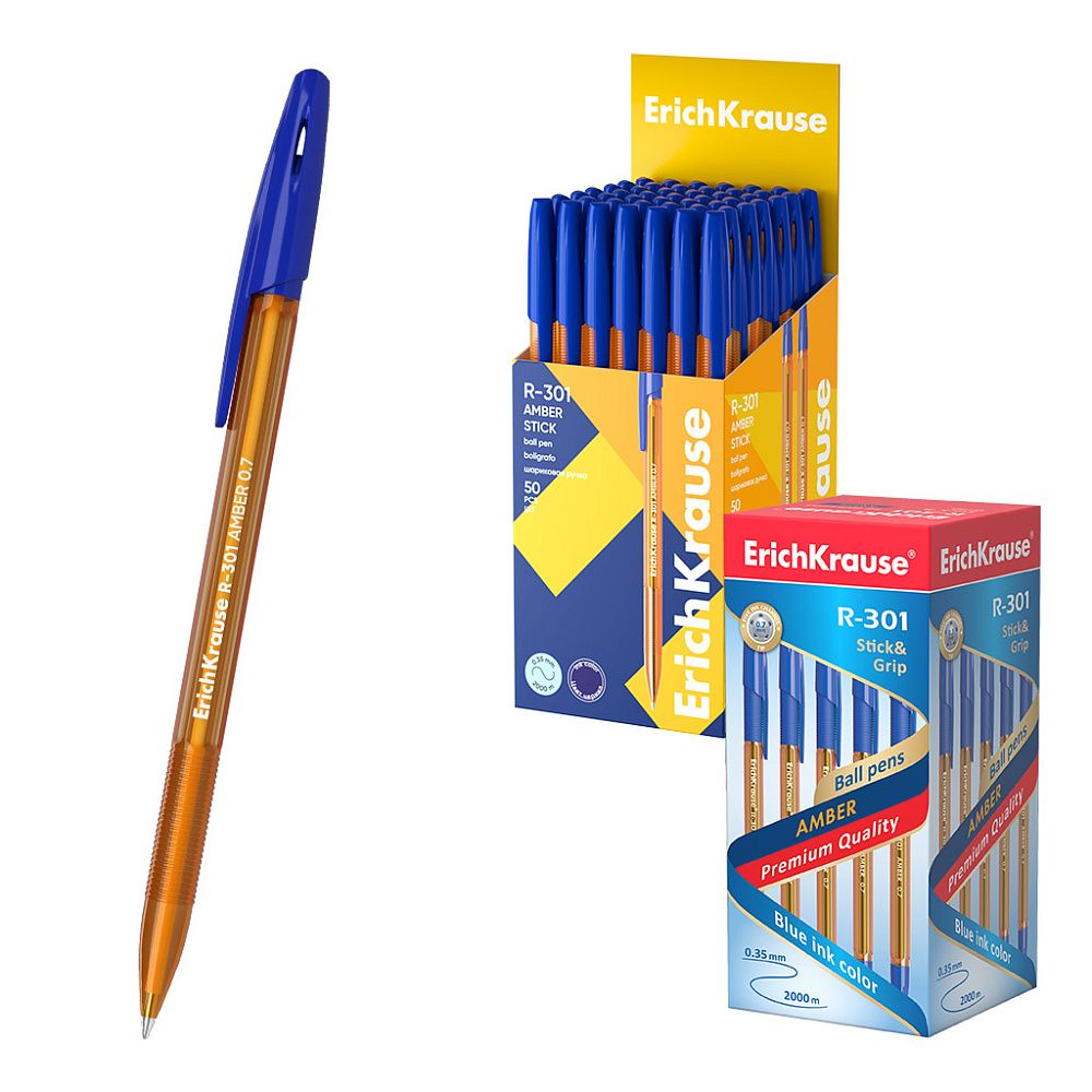 Ручка шариковая Erich Krause R-301 синяя, 0.7мм, жёлтый прозрачный корпус