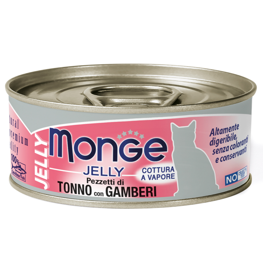 MONGE CAT JELLY CANS Влажные консервы для кошек желтоперый тунец с креветками в желе, 80 гр.