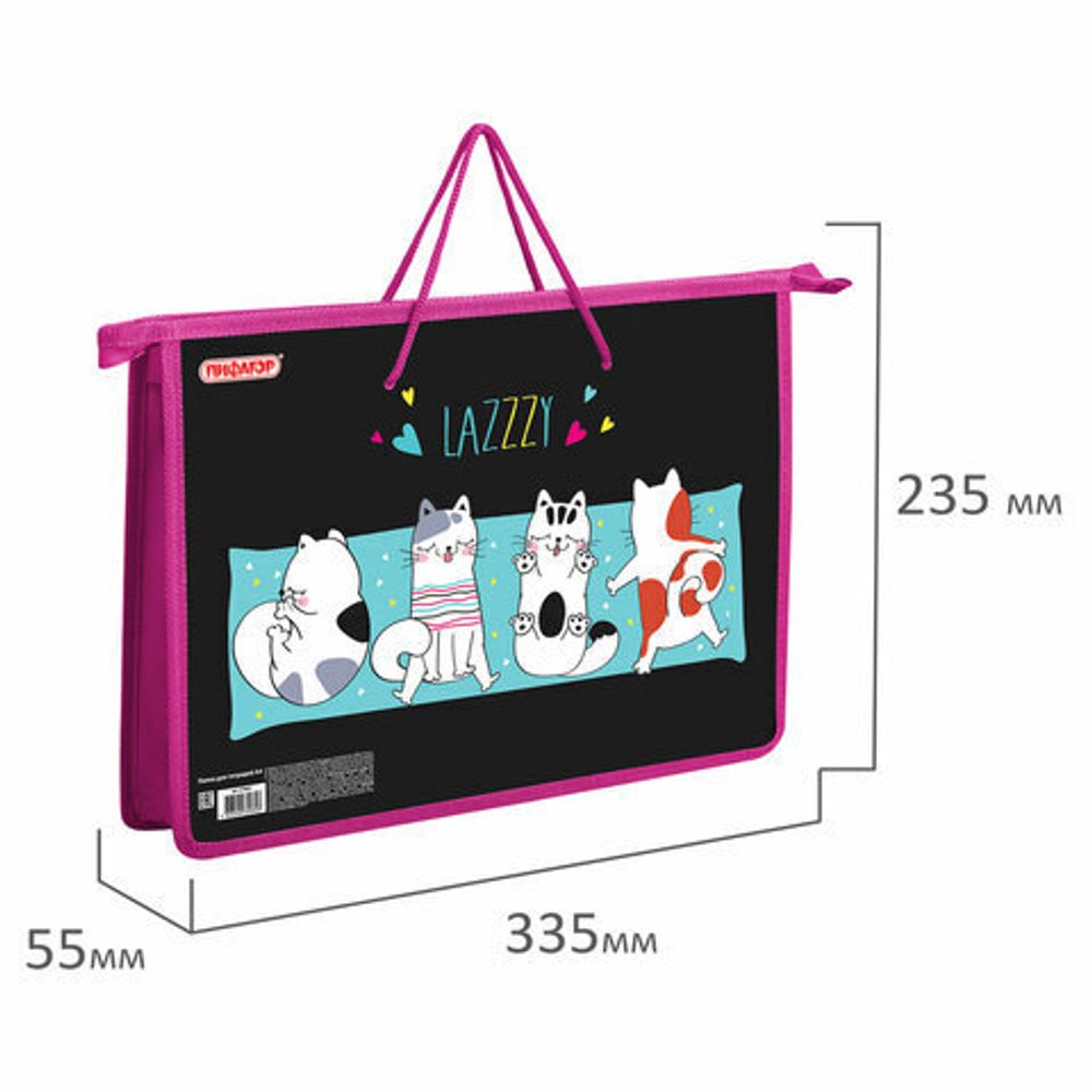 Папка на молнии с ручками ПИФАГОР, А4, 1 отделение, пластик, ручки-шнурок, "Lazy cat", 270863