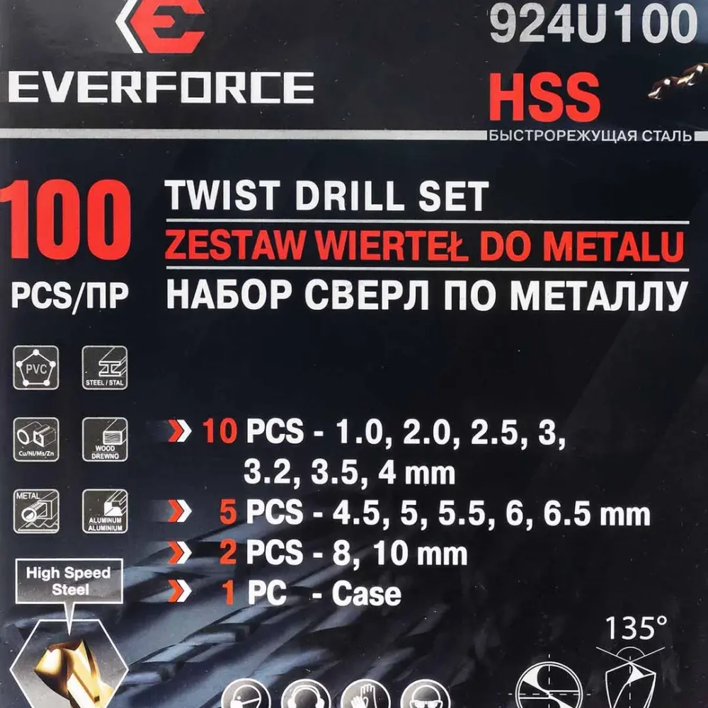 Сверла по металлу, набор 100пр. EVERFORCE EF-924U100