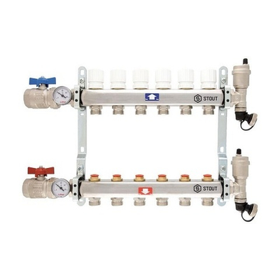 Коллекторная группа в сборе STOUT - 1" на 6 контуров 3/4" (нерж.сталь, с вентилями)