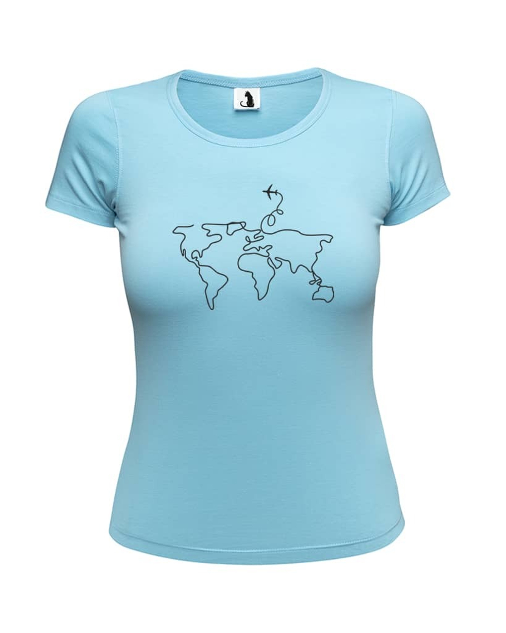 Футболка с самолетом Карта мира женская голубая
