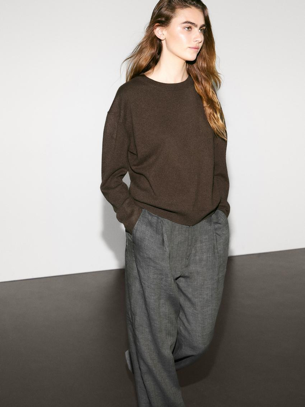 Massimo Dutti Свитер из 100% кашемира с круглым вырезом, коричневый