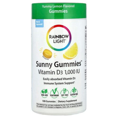Rainbow Light, Sunny Gummies ™, витамин D3, вкусный лимон, 25 мкг (1000 МЕ), 100 жевательных таблеток
