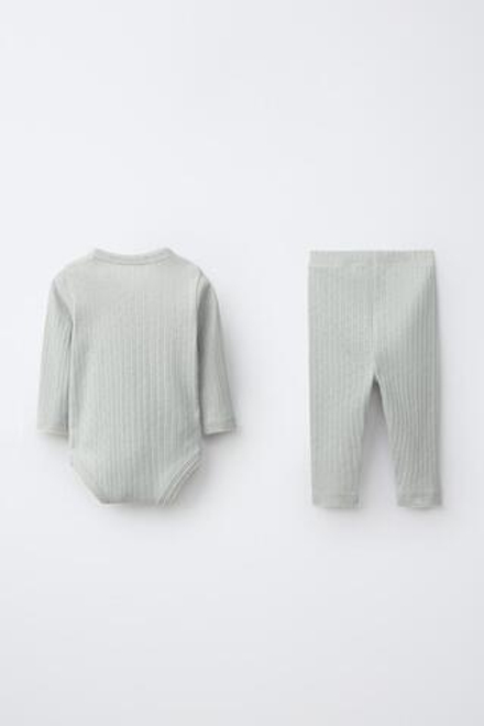 ZARA КОМПЛЕКТ ИЗ БОДИ С ЗАПАХОМ И ЛЕГИНСОВ В АЖУРНЫЙ РУБЧИК, ЦВЕТ МОРСКОЙ ВОЛНЫ