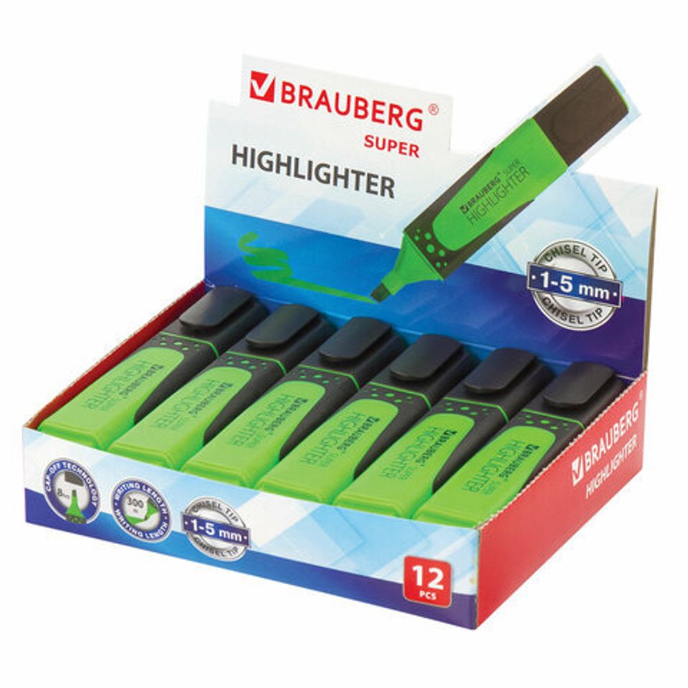 Текстовыделитель BRAUBERG "SUPER", ЗЕЛЕНЫЙ, прорезиненный корпус, линия 1-5 мм, 151739
