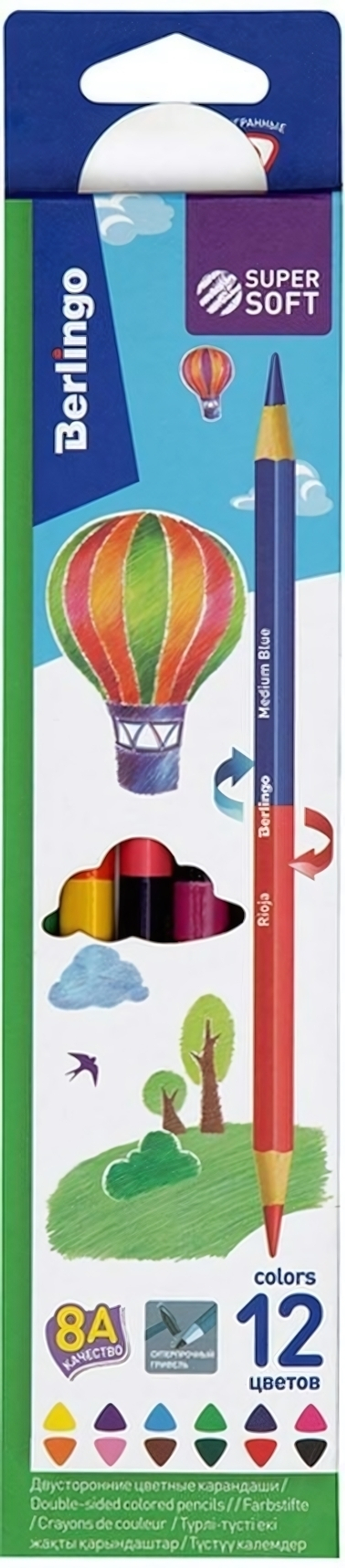 Карандаши 12цв. двухсторон. "SuperSoft. Duo" заточ. картон, европодве (Berlingo)