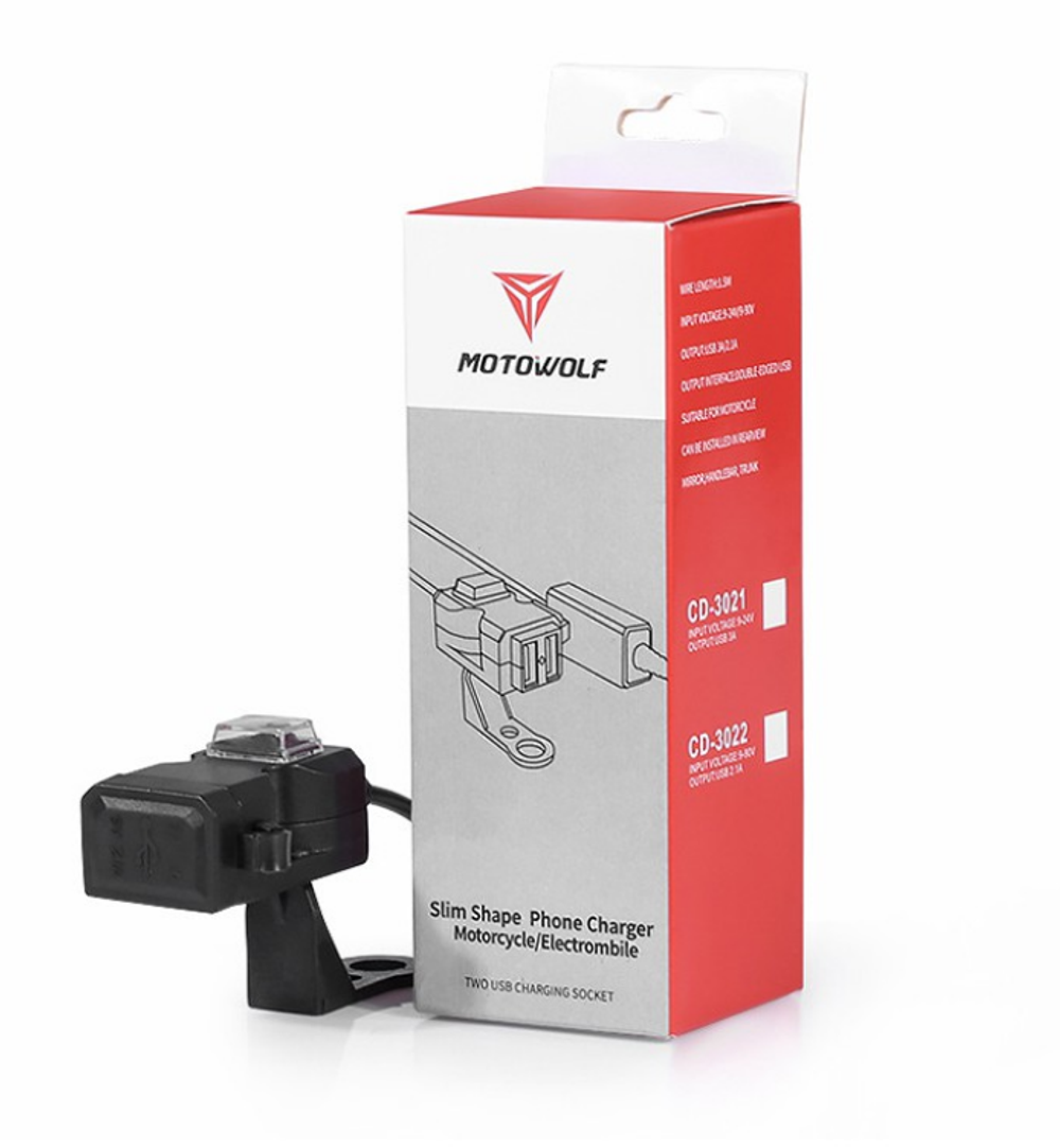 USB charger, slim, 2 slots, Fast charge. Dual USB. Handlebar/10mm Mirror mount. Motowolf