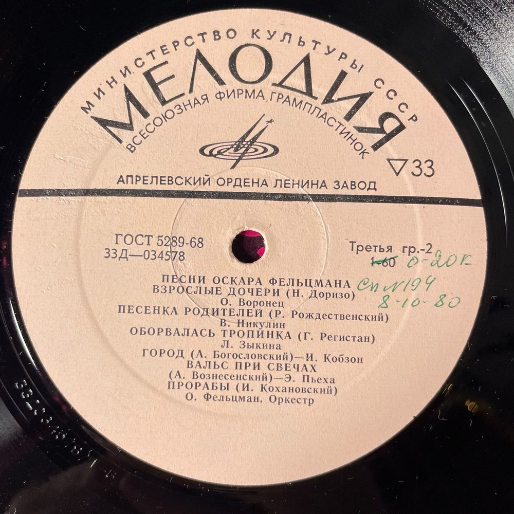 Винтажная виниловая пластинка LP Сборник Оскар Фельцман Песни (СССР 1973) (Магомаев, Воронец, Зыкина)
