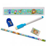 Пенал с наполнением, металлический 2 отделения Alingar, линейка 15 см, 1 ч/г каран, 1 точил, 1 ласт, 1 флом, 75 х 210 мм, "Hello friend", ассорти