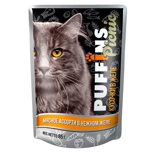 Puffins Picnic Влажный корм для кошек, мясное ассорти в желе, 85 г