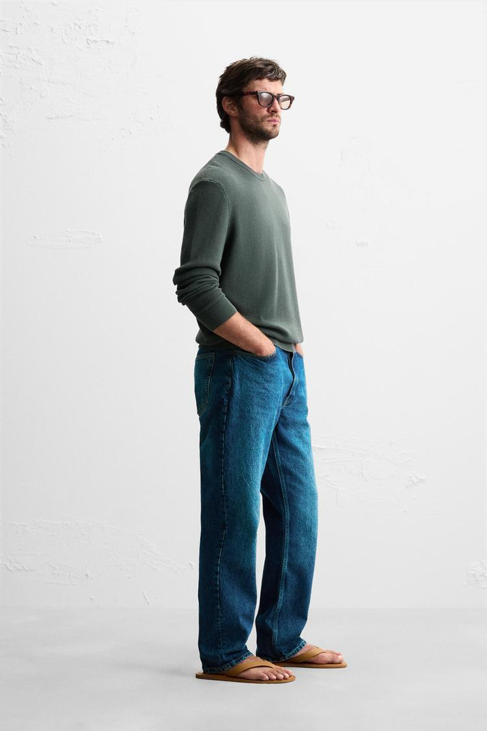 ZARA ДЖЕМПЕР КЛАССИЧЕСКОГО КРОЯ С РЕЛЬЕФНОЙ ТКАНЬЮ, ЗЕЛЕНОВАТО-СИНИЙ