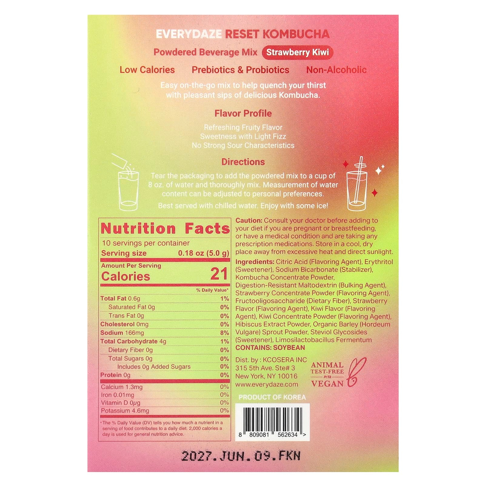 Everydaze, Reset Kombucha, сухая смесь для напитков, клубника и киви, 10 пакетиков по 5 г (0,18 унции)