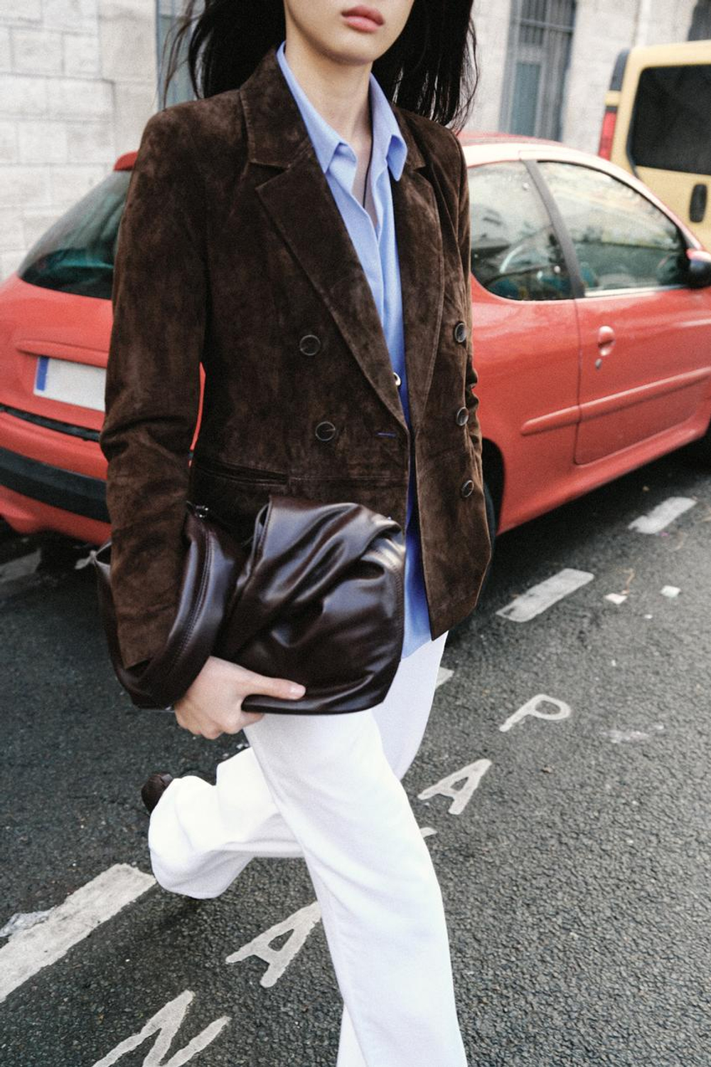 ZARA ДВУБОРТНЫЙ БЛЕЙЗЕР ИЗ 100% ЗАМШИ, КОРИЧНЕВЫЙ