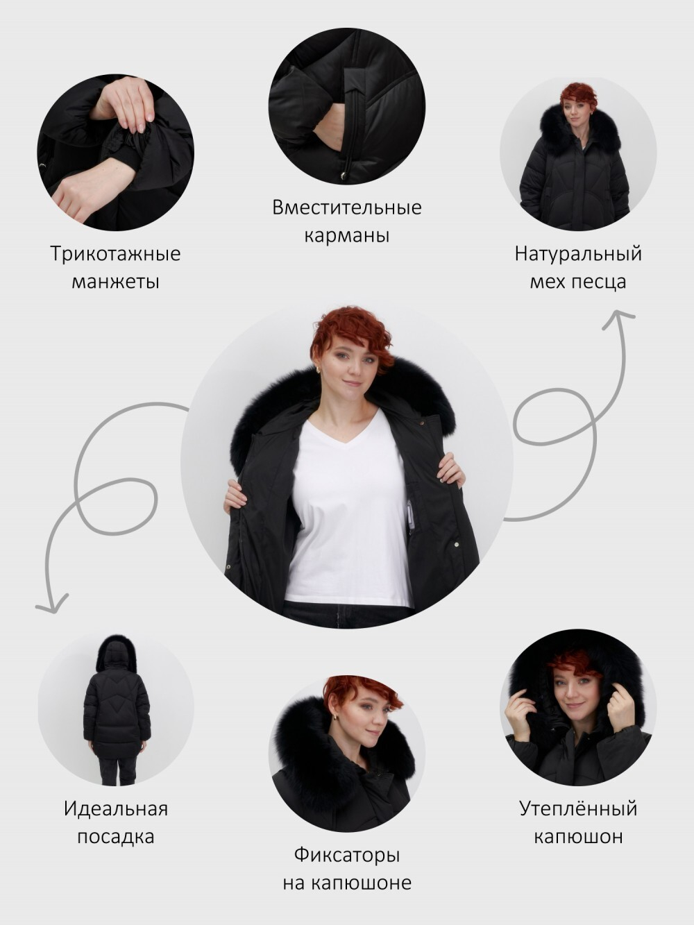 Куртка зимняя женская с мехом и капюшоном тренд черного цвета 7656Ch